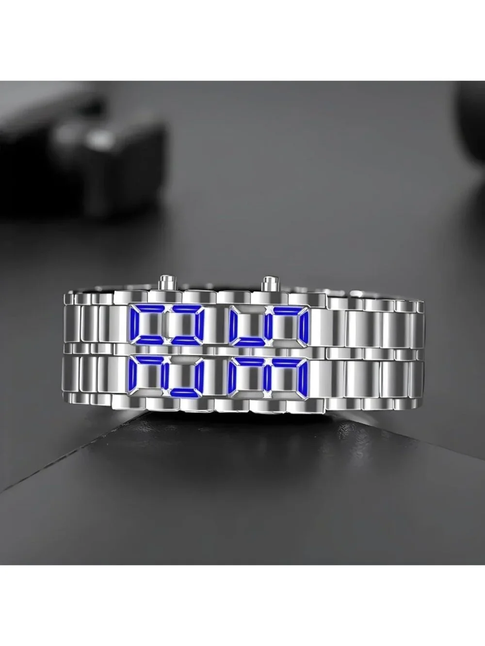Mens Silver Blue Analog Quartz Lava Style Stainless Steel Bracelet Digital Watch